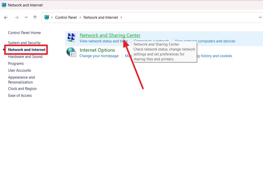 open network and sharing center