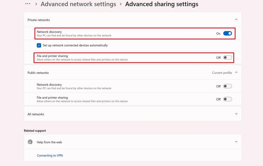 change advanced sharing setting