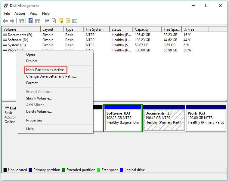 select mark partition as active