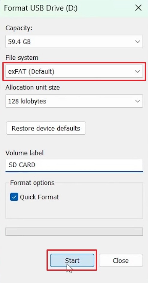 format memory card via file explorer