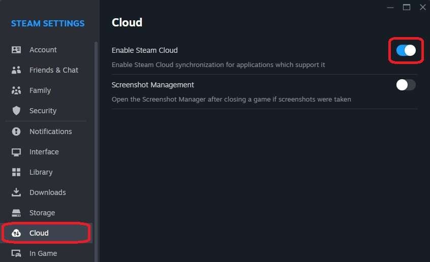 tick the enable steam cloud option