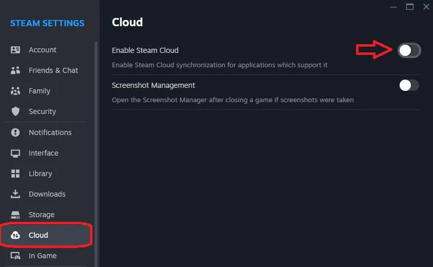 désactiver l'option steam cloud