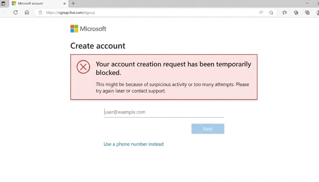 fix microsoft account creation has been blocked issue