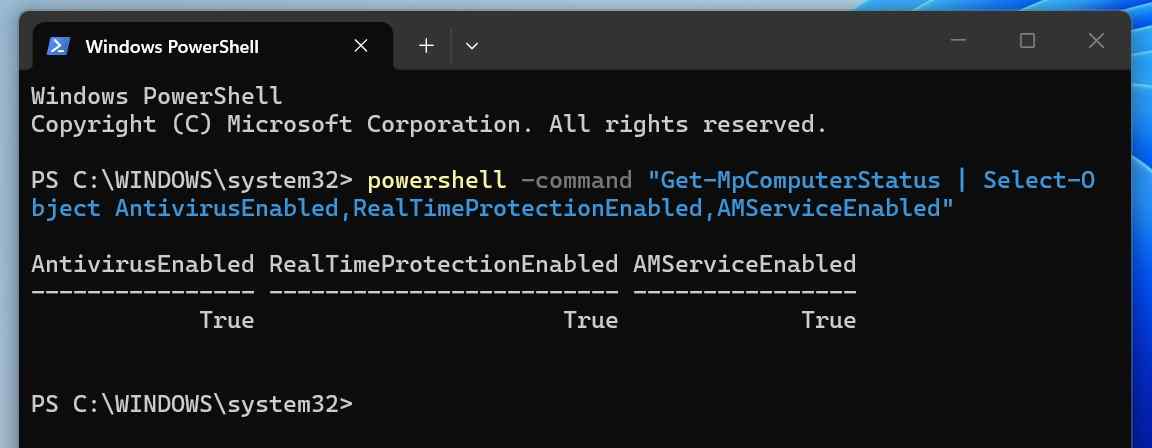 powershell showing microsoft defender antivirus and real time protection enabled