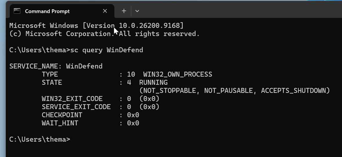 command prompt showing the microsoft defender antivirus service running