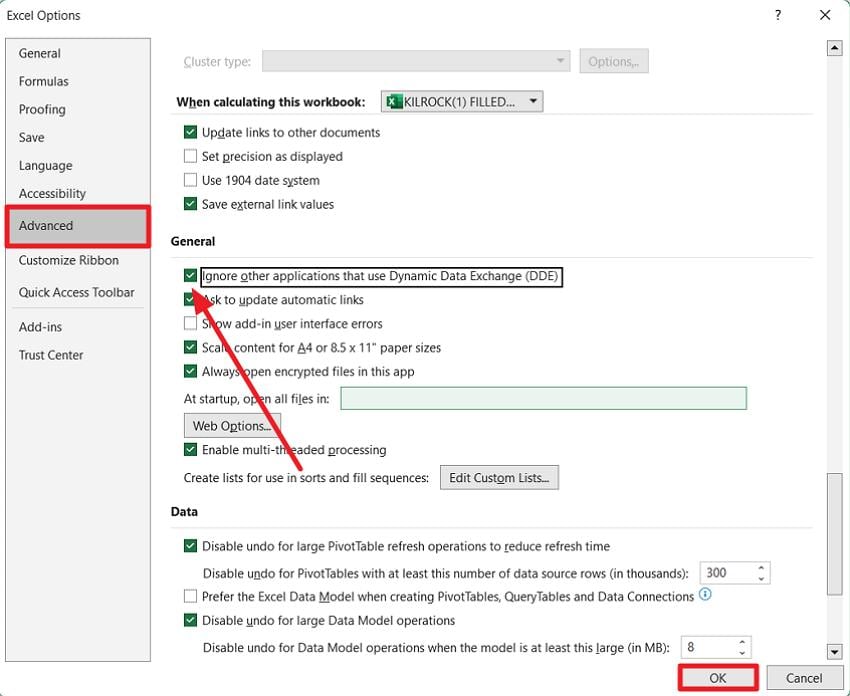 choose ignore dynamic data exchange option