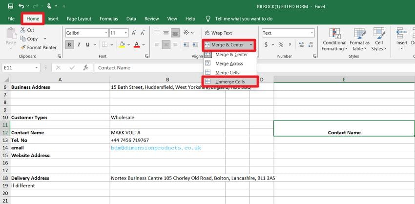 unmerge cell from merge center
