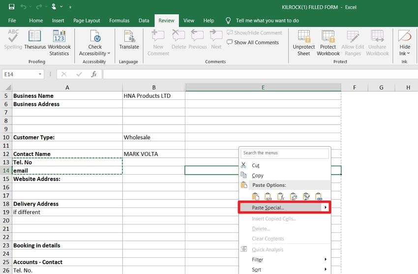press copy paste special