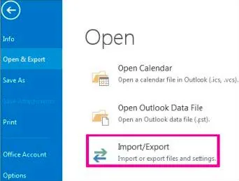 file apri & opzione di esportazione outlook