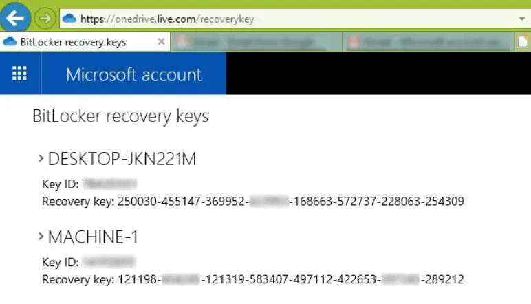 clave de recuperación de bitlocker en la cuenta de microsoft