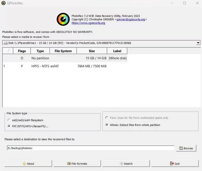 qphotorec 7.2 data recovery interface