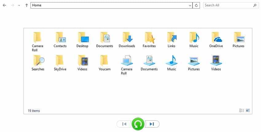 older windows file history restore view displaying backed up folders