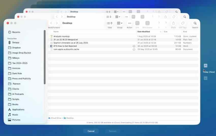 mac time machine restore view with historical finder windows