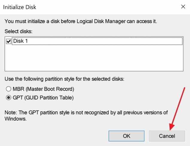 windows initialize disk prompt with cancel button highlighted