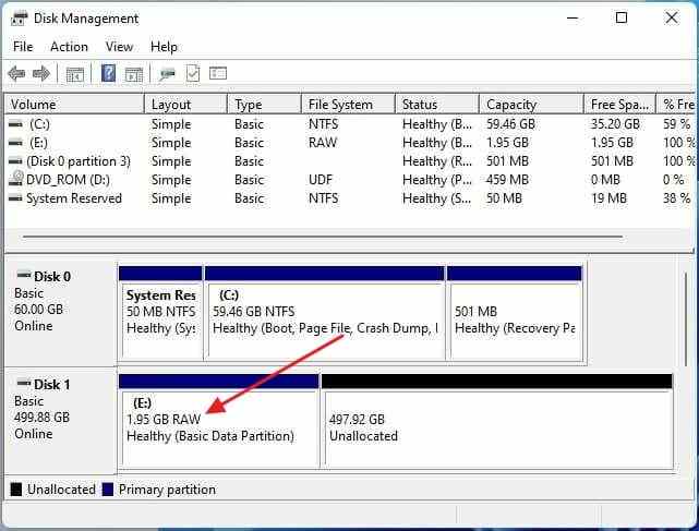 windows disk management showing a raw volume and unallocated space