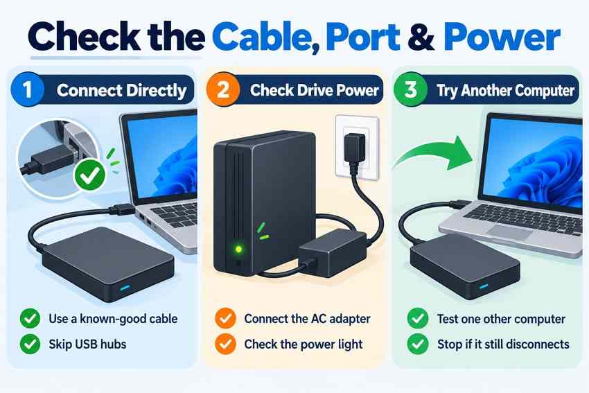 illustrated checks for external drive cable power and direct usb connection