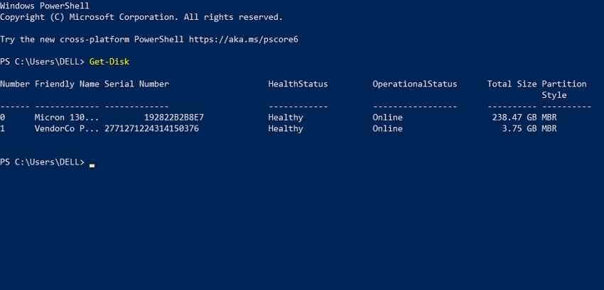 powershell get disk command listing connected physical drives
