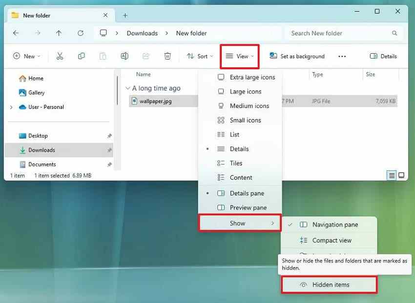 windows file explorer menu enabling hidden items