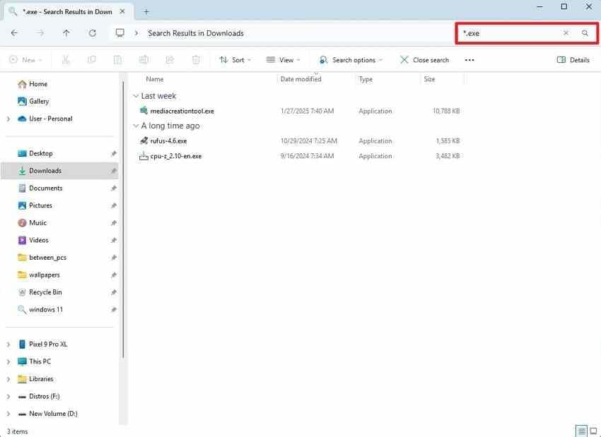 windows file explorer search results for a file name