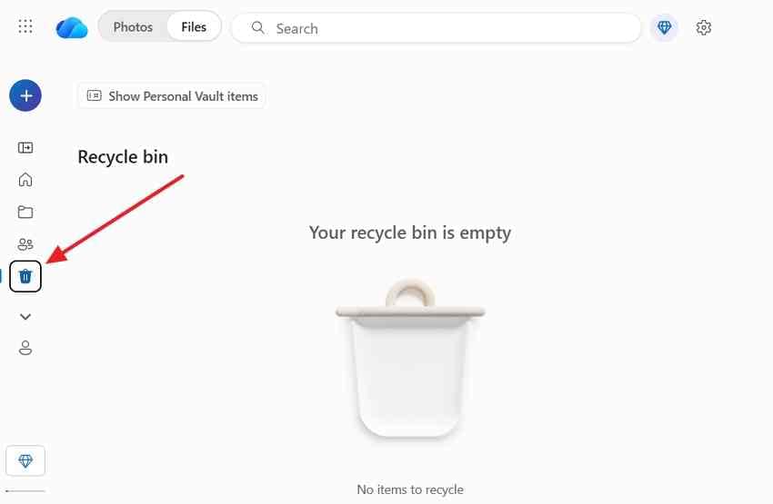 onedrive web interface showing its recycle bin
