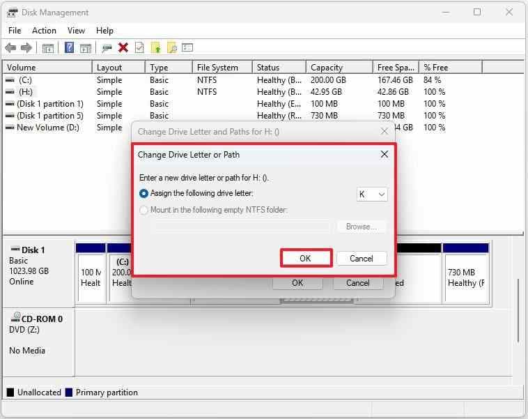 windows disk management change drive letter dialog