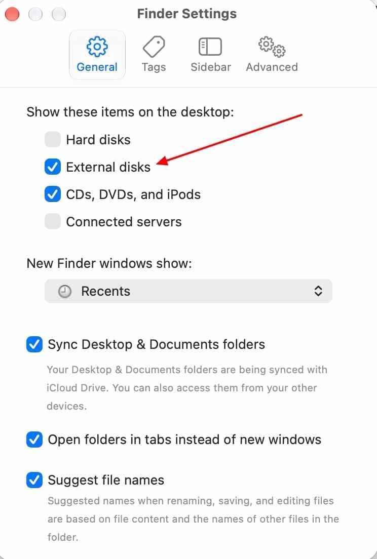 mac finder settings general tab with external disks enabled
