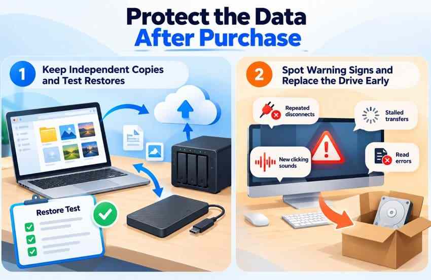illustration of independent backup copies restore checks and early failure warning signs