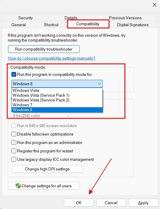change compatibility press ok