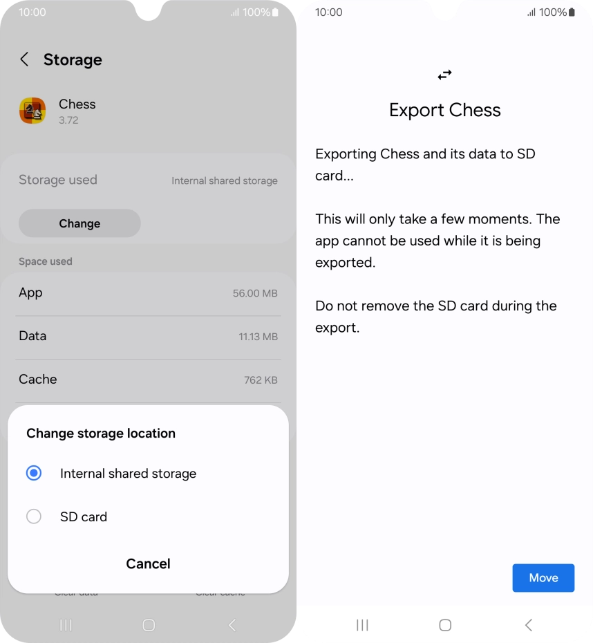 android 14 change storage location and move app to sd card screens