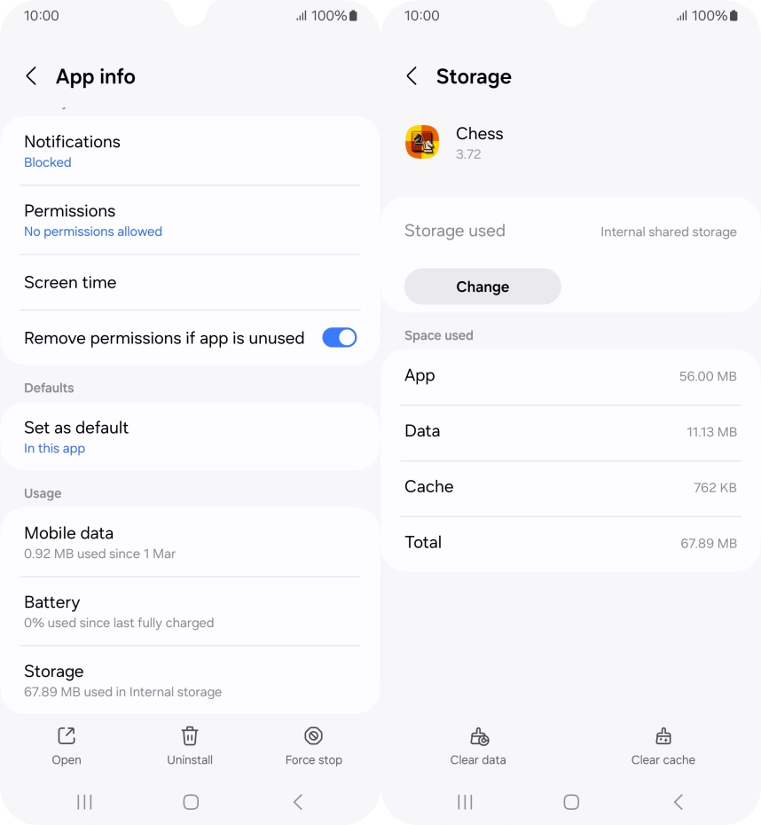 android 14 app storage screen with the change button