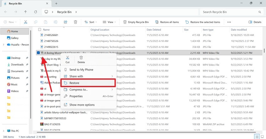 restore deleted files from recycle bin