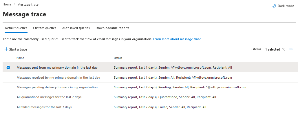 exchange online message trace page in the exchange admin center