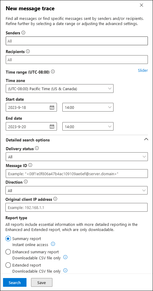 new message trace filters with sender recipient and time range