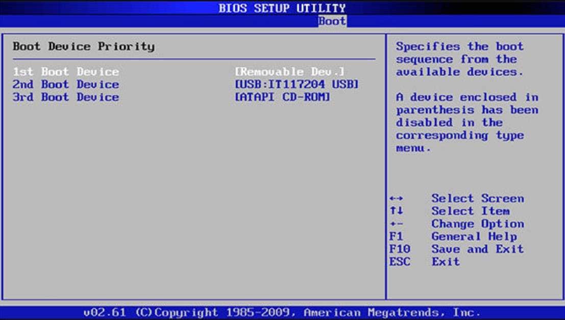 tela de configuração do BIOS para definir a inicialização do msi a partir de um USB