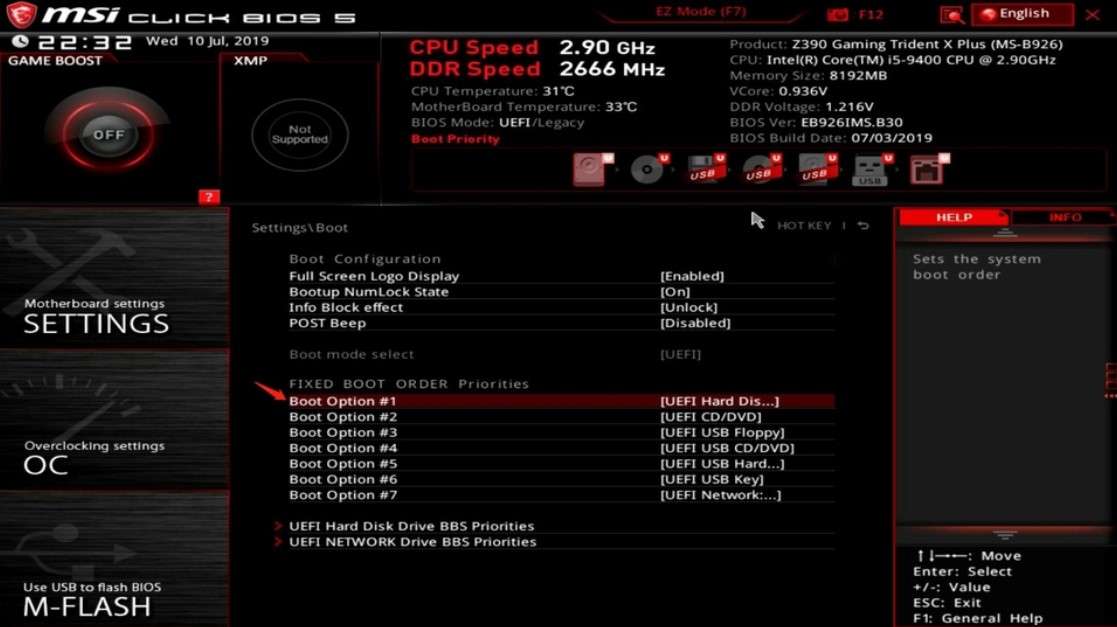 set boot priority for an msi boot from a usb