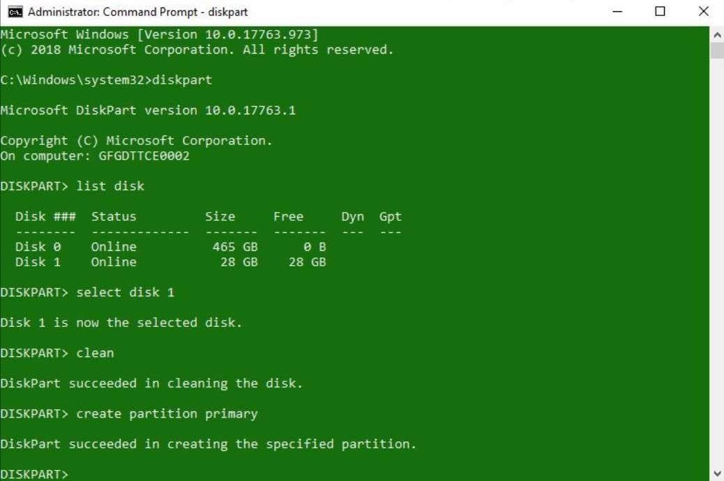 команда create partition primary для создания загрузочного диска msi usb