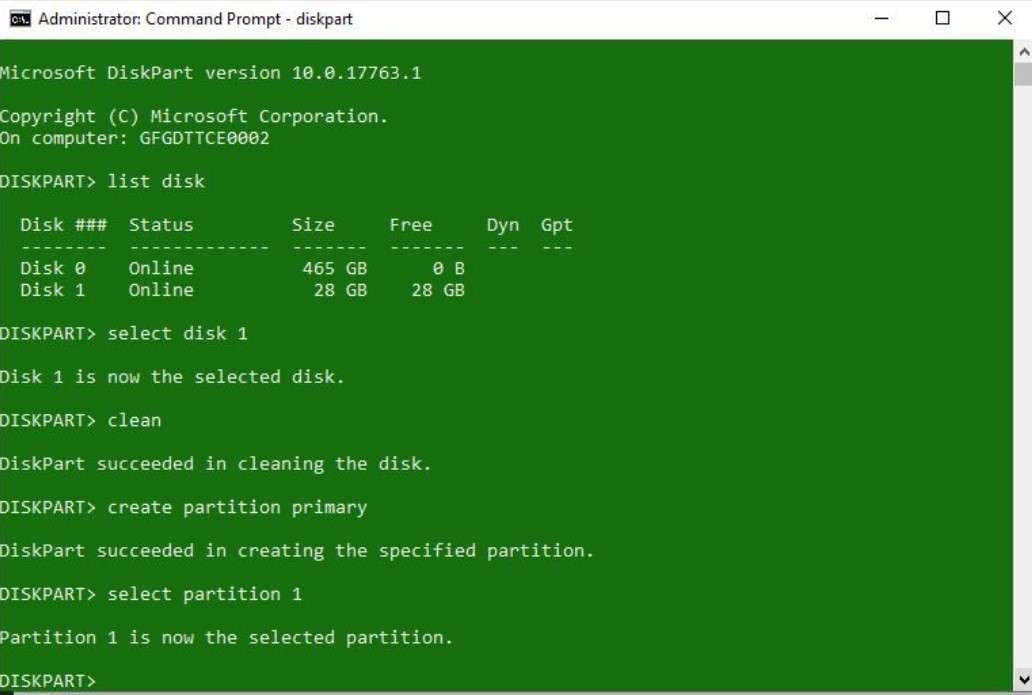 el comando select partition 1 para crear una unidad usb msi de arranque