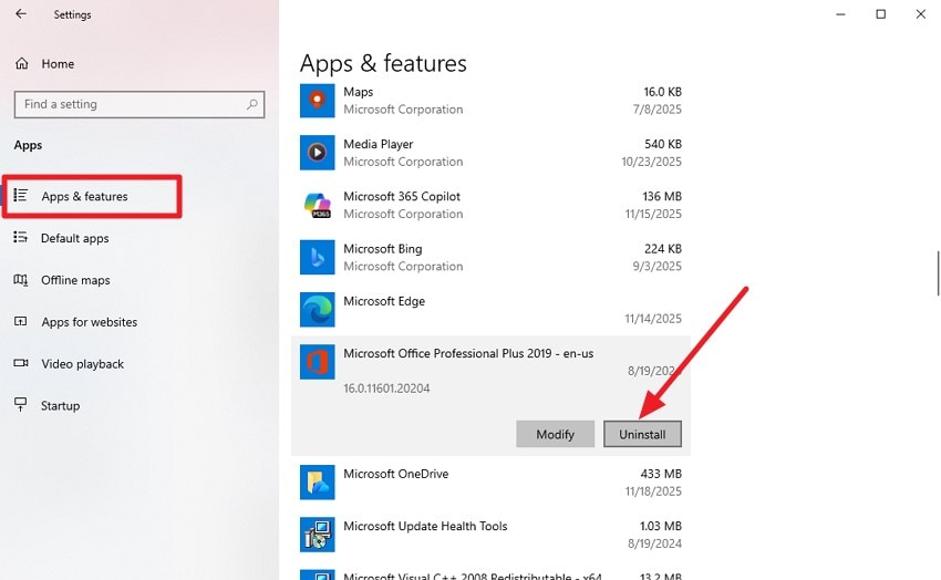 access apps and features press uninstall