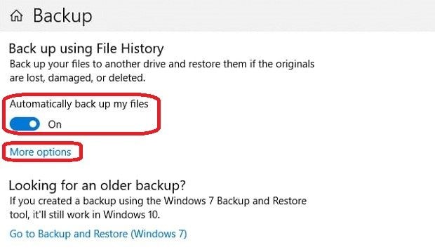 toggle automatically backup up my files option