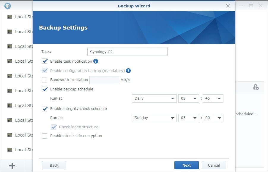 Paramètres de sauvegarde sur le cloud nas