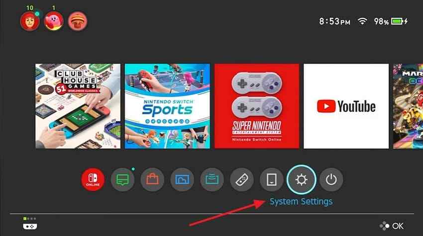 open system settings on nintendo switch