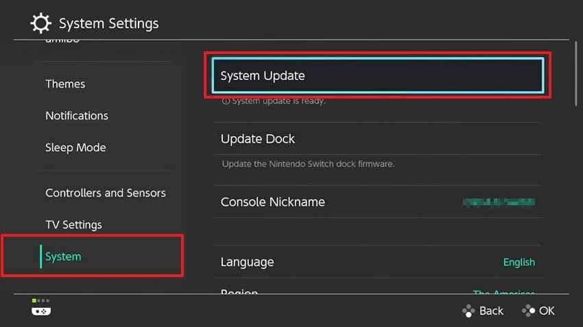 select system update on nintendo switch