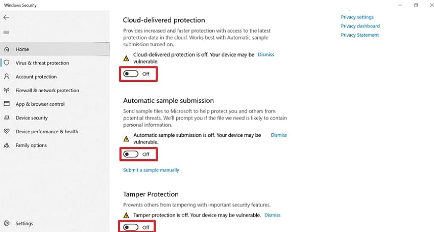 off all the toggle buttons