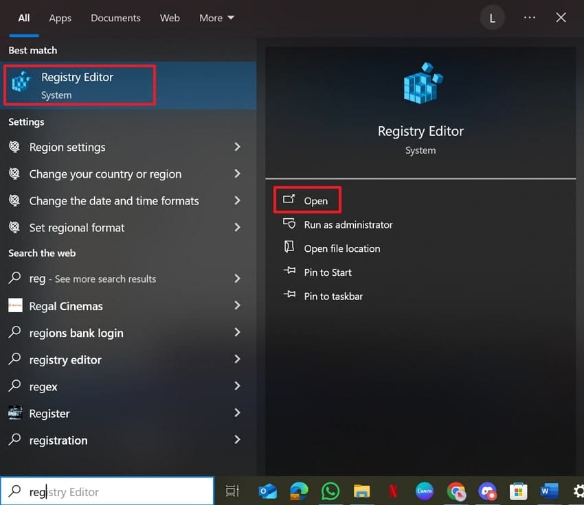 open the registry editor