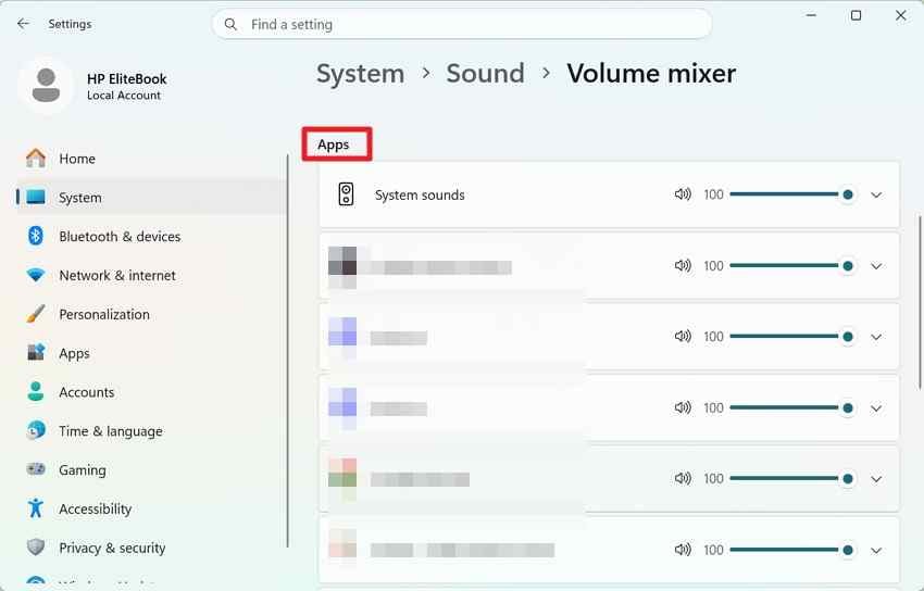 windows 11 settings system sound volume mixer app sliders