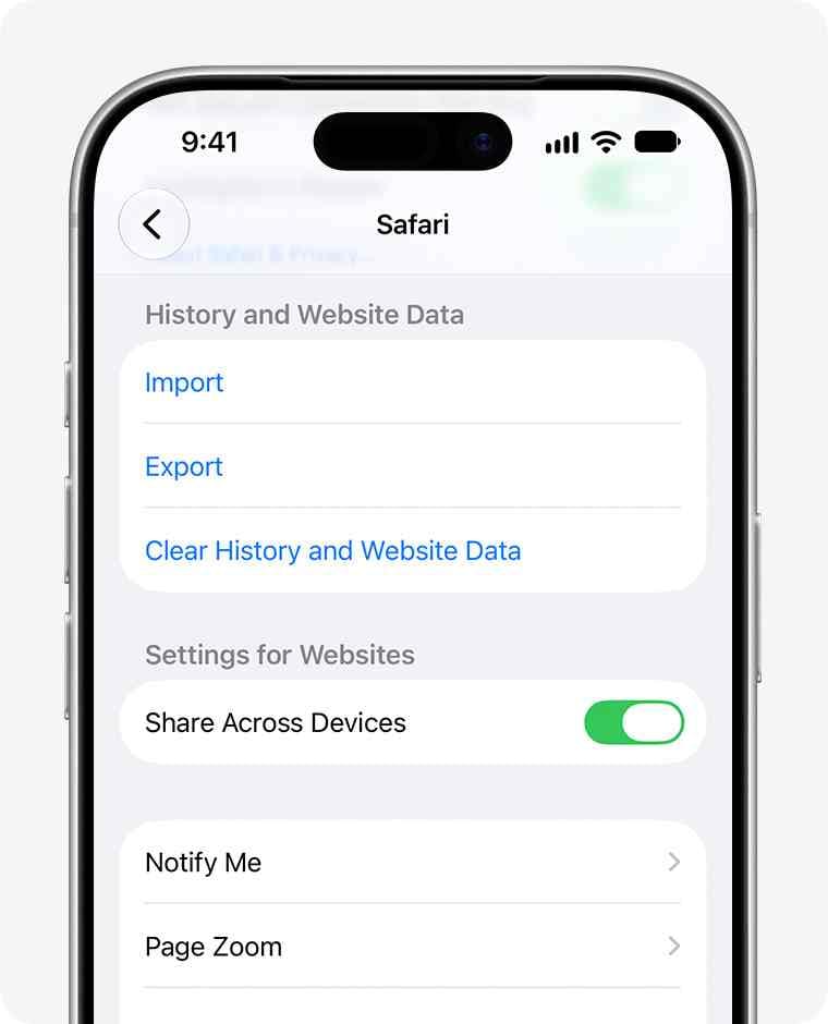 iphone safari settings showing clear history and website data