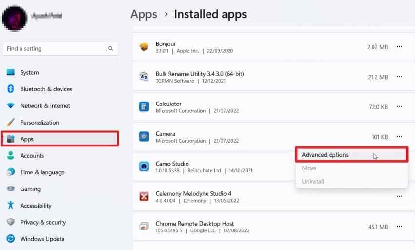 open installed app advanced options