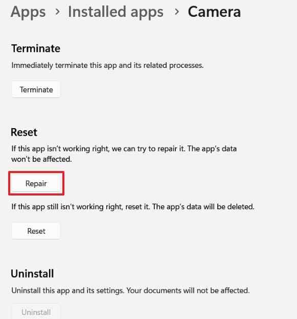 repair affected app from settings