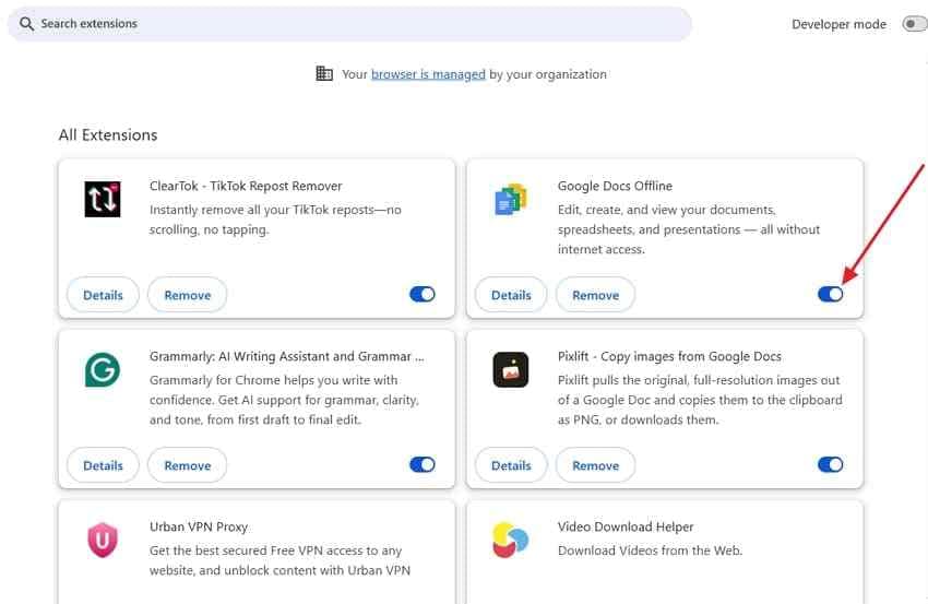 disable suspected browser extensions individually