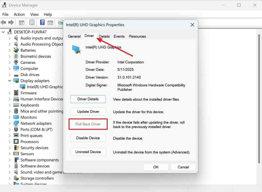roll back recently updated driver